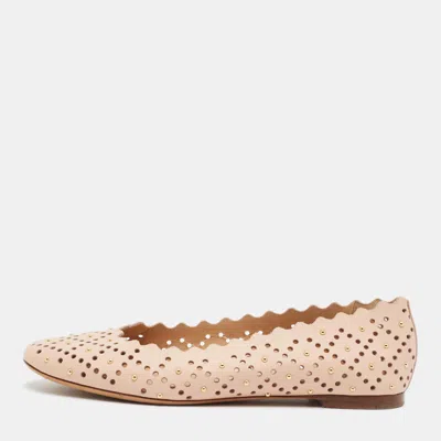 Pre-owned Chloé Lauren Size 35.5 Beige Perforated Leather Scalloped Studded Ballet Flats In Sand