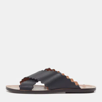 Pre-owned Chloé Lauren Size 37 Black Leather Criss-cross Flat Slide