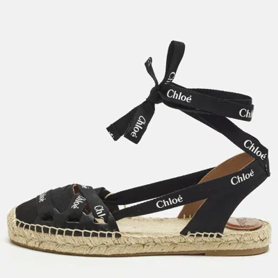 Pre-owned Chloé Lauren Size 38 Black Canvas Ankle Wrap Espadrille Flats