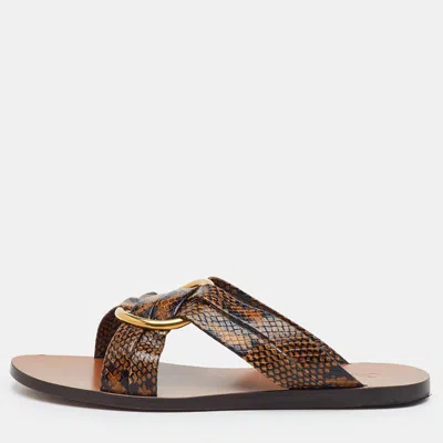 Pre-owned Chloé Lauren Size 39 Brown Criss-cross Python Embossed Leather Flat Sandals
