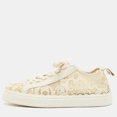 Pre-owned Chloé Lauren Size 42 Cream Lace And Leather Low Top Sneakers In White