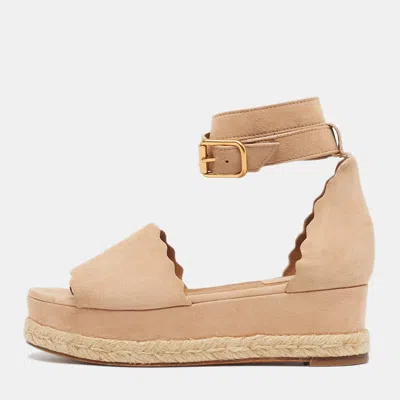 Pre-owned Chloé Laurena Scalloped Size 37 Beige Suede Wedge Sandals