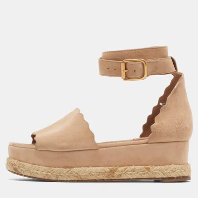 Pre-owned Chloé Laurena Scalloped Size 37 Beige Suede Wedge Sandals