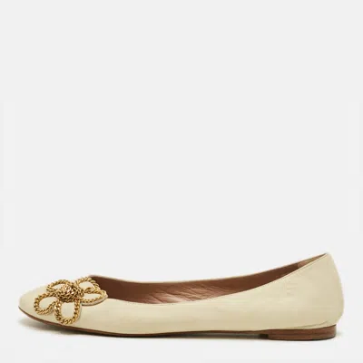 Pre-owned Chloé Laurena Scalloped Size 38 Cream Leather Ballet Flats In White