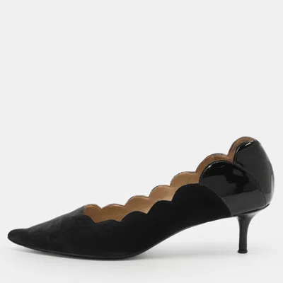 Pre-owned Chloé Laurena Scalloped Size 41 Black Patent Leather And Velvet Pumps