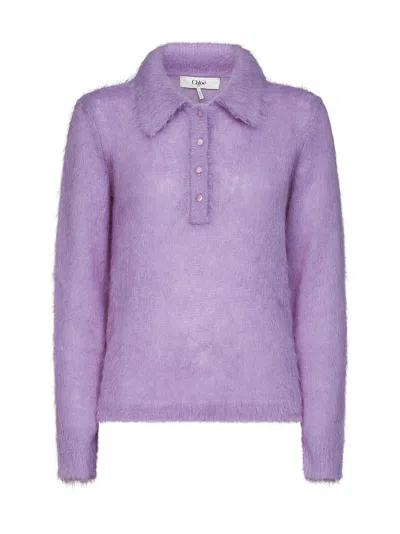 Chloé Lavender Alpaca Blend Brushed Knit Polo Shirt In Purple