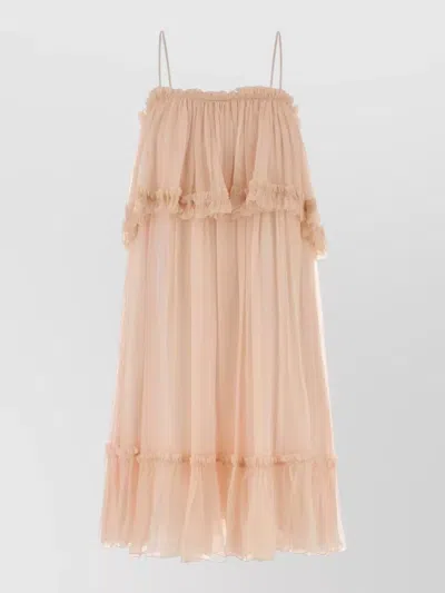 Chloé Layered Muslin Midi Dress Ruffle Straps In Brown
