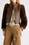 Chloé Leather Jacket With Belted Waist And Fur Sleeves In Brown