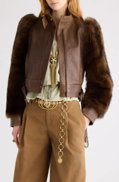 Chloé Leather & Genuine Shearling Moto Jacket In Brown