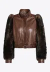 Chloé Leather Jacket With Belted Waist And Fur Sleeves In Brown