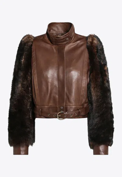 CHLOÉ LEATHER AND SHEARLING CROPPED JACKET