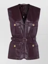 Chloé Leather Belted Waist Sleeveless Jacket In Burgundy