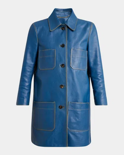 Chloé Leather Bracelet-sleeve Car Coat In Blue