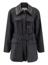 Chloé Wool Belted Jacket With Leather Collar Clothing In Black