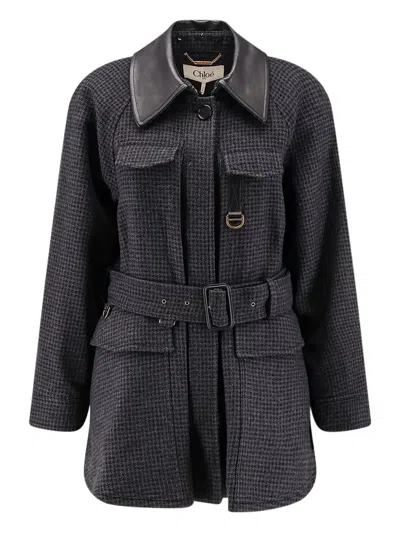 CHLOÉ LEATHER-COLLAR HOUNDSTOOTH-PATTERN TRENCH