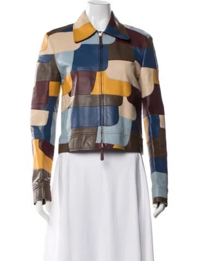 Pre-owned Chloé Leather Colorblock Pattern Jacket In Blue