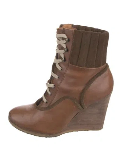 Pre-owned Chloé Leather Colorblock Pattern Lace-up Boots In Brown