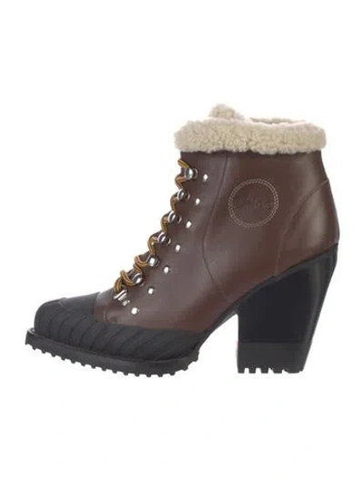 Pre-owned Chloé Leather Colorblock Pattern Lace-up Boots In Brown