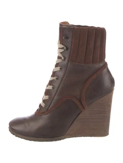 Pre-owned Chloé Leather Colorblock Pattern Lace-up Boots In Brown