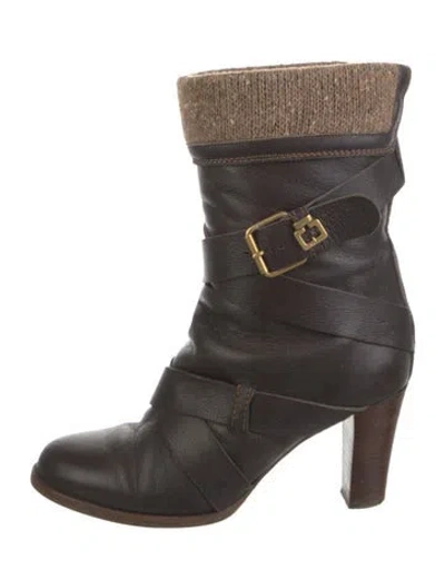 Pre-owned Chloé Leather Colorblock Pattern Moto Boots In Black