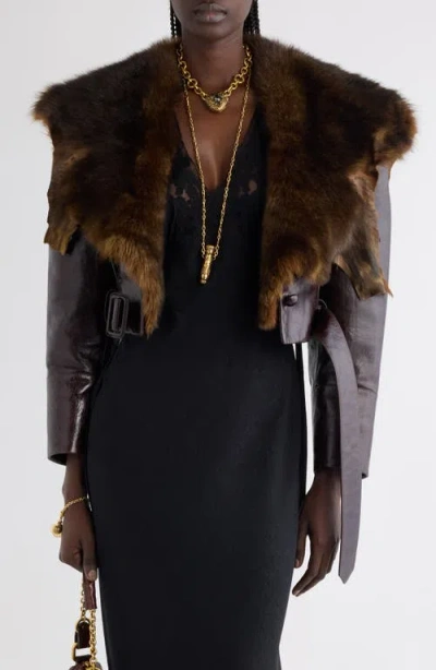 Chloé Leather Crop Jacket With Genuine Shearling Collar In Brown