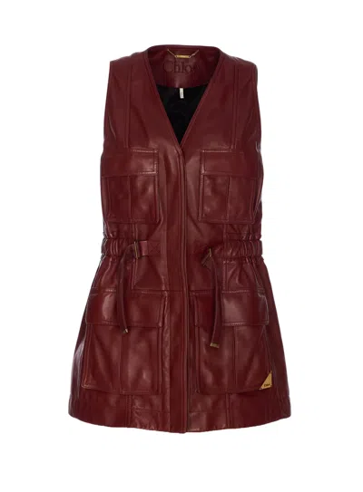 Chloé Bordeaux Vest With V Neck And Adjustable Belt In Leather Woman In Multicolor