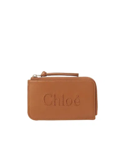 Chloé Leather Embroidered-logo Purse In Brown
