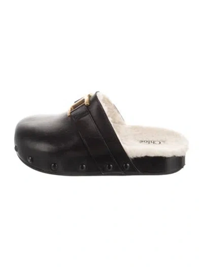 Pre-owned Chloé Leather Faux Fur Trim Mules In Black