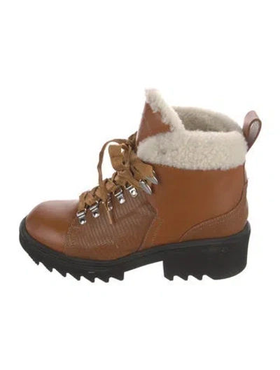 Pre-owned Chloé Leather Fur Trim Combat Boots In Brown