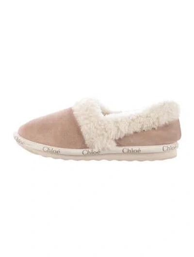 Pre-owned Chloé Leather Fur Trim Flats In Neutral