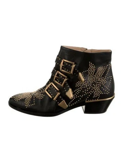 Pre-owned Chloé Leather Graphic Print Moto Boots In Black
