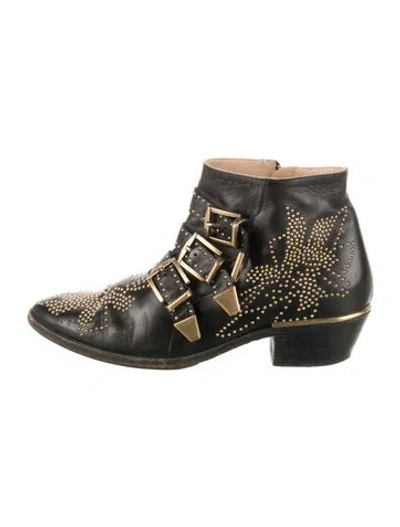Pre-owned Chloé Leather Graphic Print Moto Boots In Black