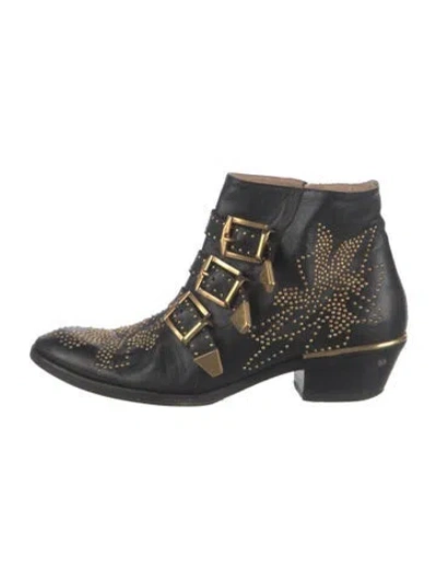 Pre-owned Chloé Leather Graphic Print Moto Boots In Black