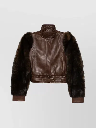 CHLOÉ LEATHER JACKET FAUX-FUR DETAILING