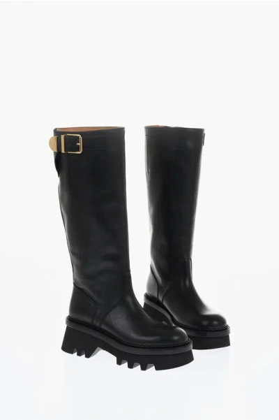 Chloé Leather Knee-high Boots With Buckle Detail And Tank Sole In Black