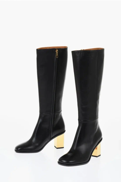 Chloé Leather Knee-high Boots With Metallic Effect Heel 8 Cm In Black