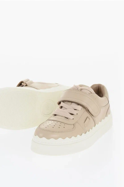 Chloé Leather Lauren Sneakers With Velcro Detail In Neutral