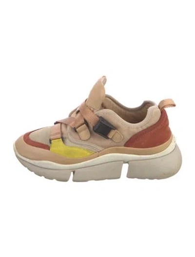 Pre-owned Chloé Leather Mesh Accents Chunky Sneakers In Neutral