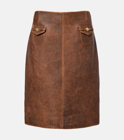 Chloé Horsebit-embellished Textured-leather Midi Skirt In Brown