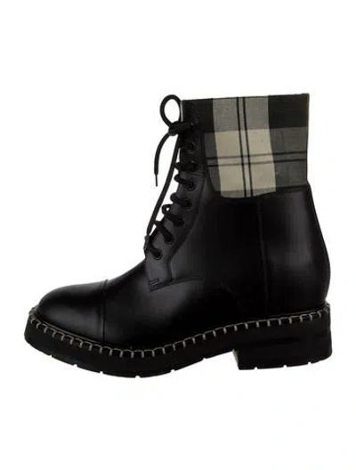 Pre-owned Chloé Leather Plaid Print Combat Boots In Black
