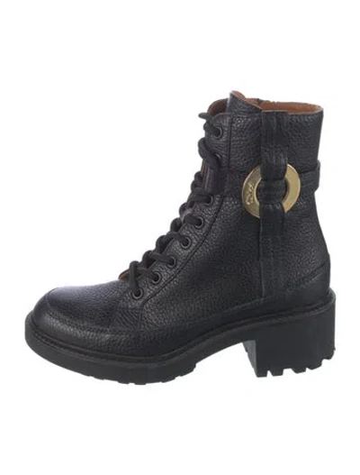 Pre-owned Chloé Leather Plaid Print Combat Boots In Blue