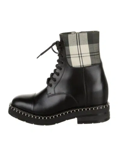 Pre-owned Chloé Leather Plaid Print Lace-up Boots In Black