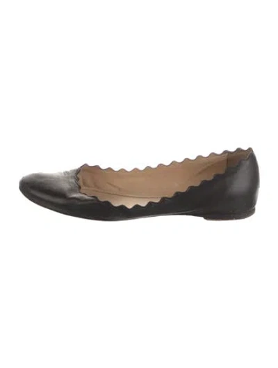 Pre-owned Chloé Leather Scalloped Accent Ballet Flats In Black