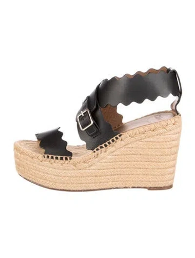 Pre-owned Chloé Leather Scalloped Accent Espadrilles In Black