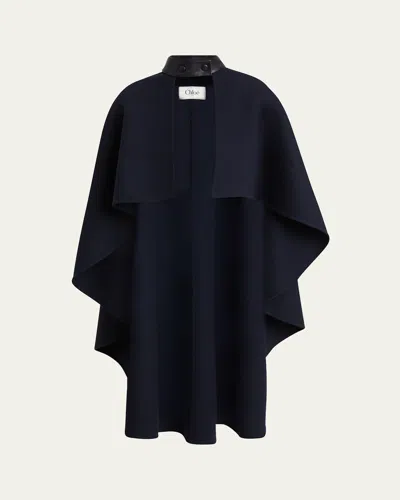Chloé Leather Strap Double Face Wool Cape In Midnight
