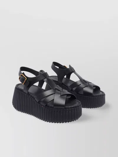 Chloé Leather Strappy Platform Wedge Sandals In Black