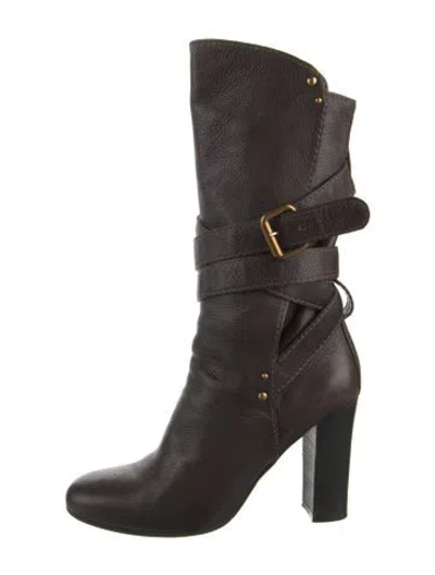 Pre-owned Chloé Leather Studded Accents Boots In Brown