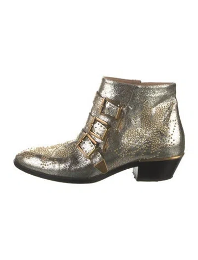 Pre-owned Chloé Leather Studded Accents Boots In Silver