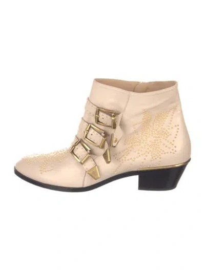 Pre-owned Chloé Leather Studded Accents Moto Boots In Neutrals