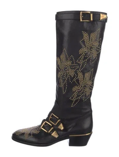 Pre-owned Chloé Leather Studded Accents Riding Boots In Black